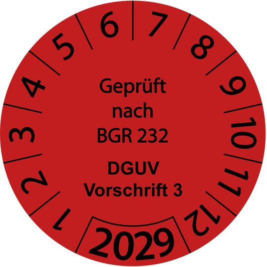 Einjahresprüfetiketten, Geprüft nach BGR 232, DGUV Vorschrift 3, Startjahr: 2029 aus Papier oder Plastik