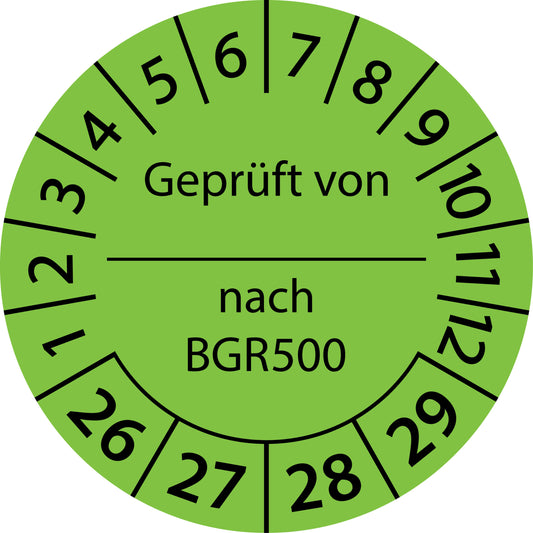 Mehrjahresprüfetiketten, Geprüft von ... nach BGR 500, Startjahr: 2026 aus Papier oder Plastik