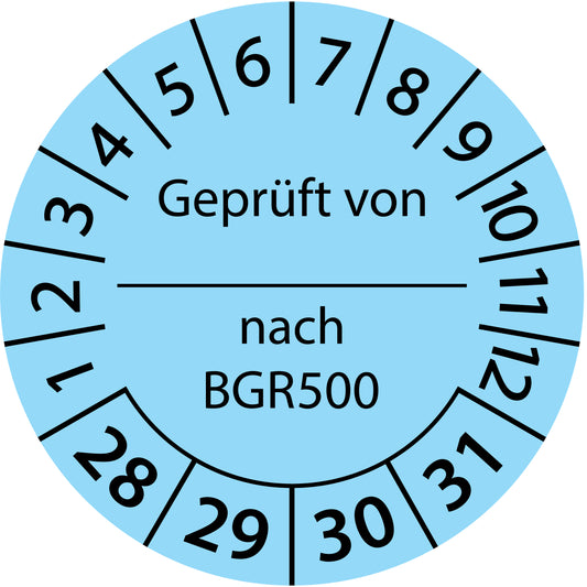 Mehrjahresprüfetiketten, Geprüft von ... nach BGR 500, Startjahr: 2028 aus Papier oder Plastik