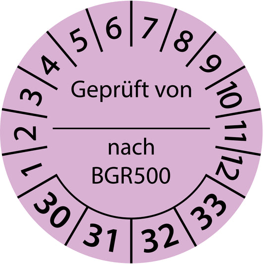 Mehrjahresprüfetiketten, Geprüft von ... nach BGR 500, Startjahr: 2030 aus Papier oder Plastik
