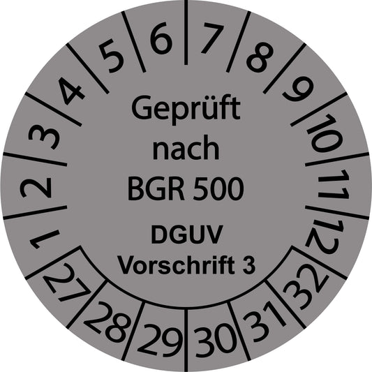 Mehrjahresprüfetiketten, Geprüft von BGR 500, DGUV Vorschrift 3, Startjahr: 2027 aus Papier oder Plastik