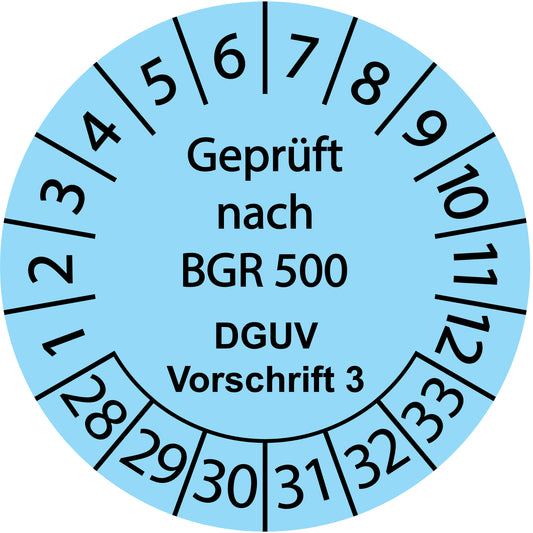 Mehrjahresprüfetiketten, Geprüft von BGR 500, DGUV Vorschrift 3, Startjahr: 2028 aus Papier oder Plastik