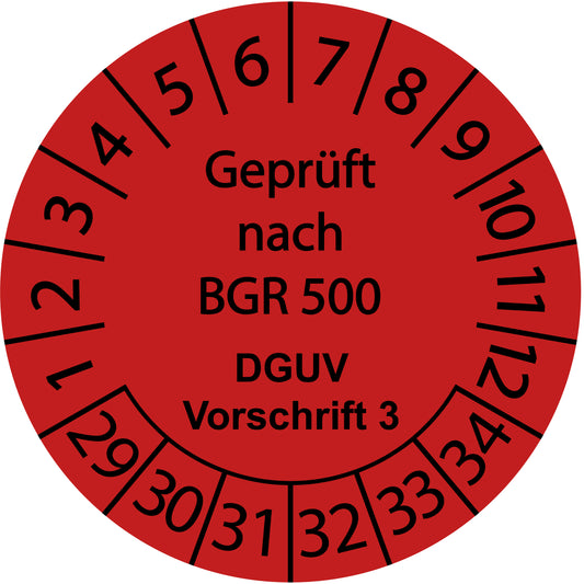 Mehrjahresprüfetiketten, Geprüft nach BGR 500, DGUV Vorschrift 3, Startjahr: 2029 aus Papier oder Plastik