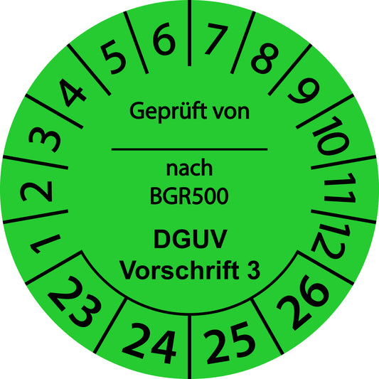 Mehrjahresprüfetiketten, Geprüft von... nach BGR 500, DGUV Vorschrift 3, Startjahr: 2023 aus Papier oder Plastik