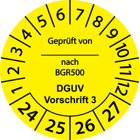 Mehrjahresprüfetiketten, Geprüft von ... nach BGR 500, DGUV Vorschrift 3, Startjahr: 2024 aus Papier oder Plastik