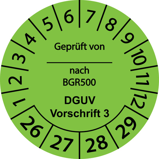 Mehrjahresprüfetiketten, Geprüft von ... nach BGR 500, DGUV Vorschrift 3, Startjahr: 2026 aus Papier oder Plastik