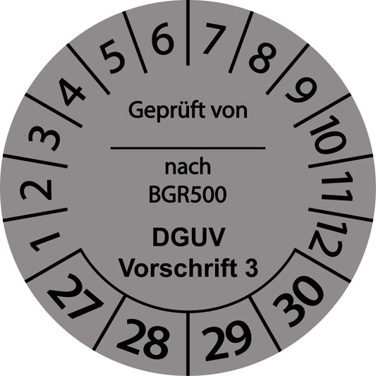 Mehrjahresprüfetiketten, Geprüft von ... nach BGR 500, DGUV Vorschrift 3, Startjahr: 2027 aus Papier oder Plastik