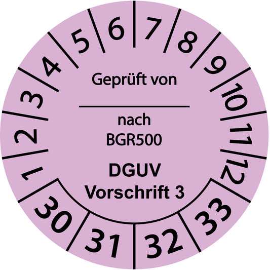 Mehrjahresprüfetiketten, Geprüft von ... nach BGR 500, DGUV Vorschrift 3, Startjahr: 2030 aus Papier oder Plastik