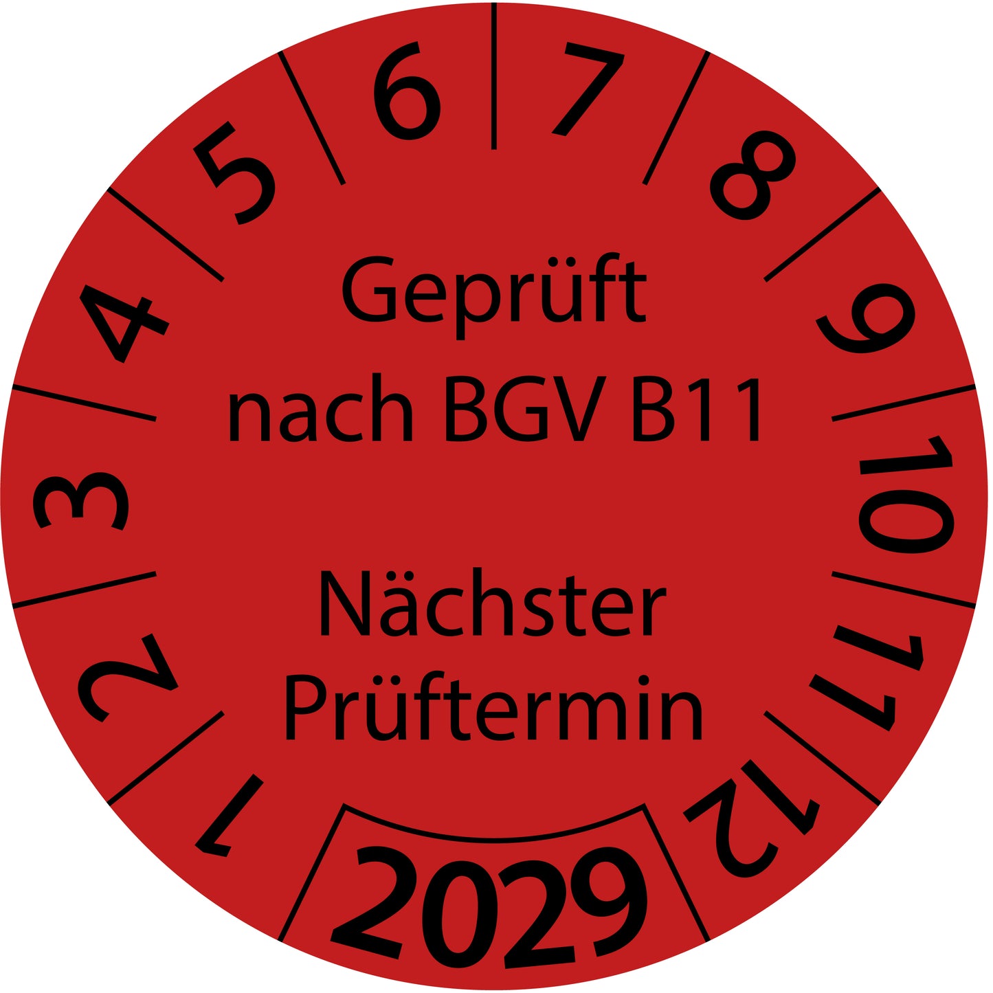 Einjahresprüfetiketten, Geprüft nach BGV B11, Nächster Prüftermin, Startjahr: 2029 aus Papier oder Plastik