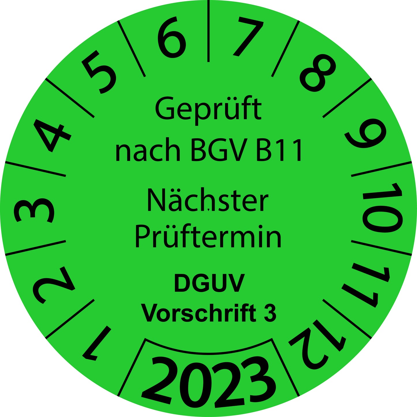 Einjahresprüfetiketten, Geprüft nach BGV B11 Nächster Prüftermin, DGUV Vorschrift 3, Startjahr: 2023 aus Papier oder Plastik