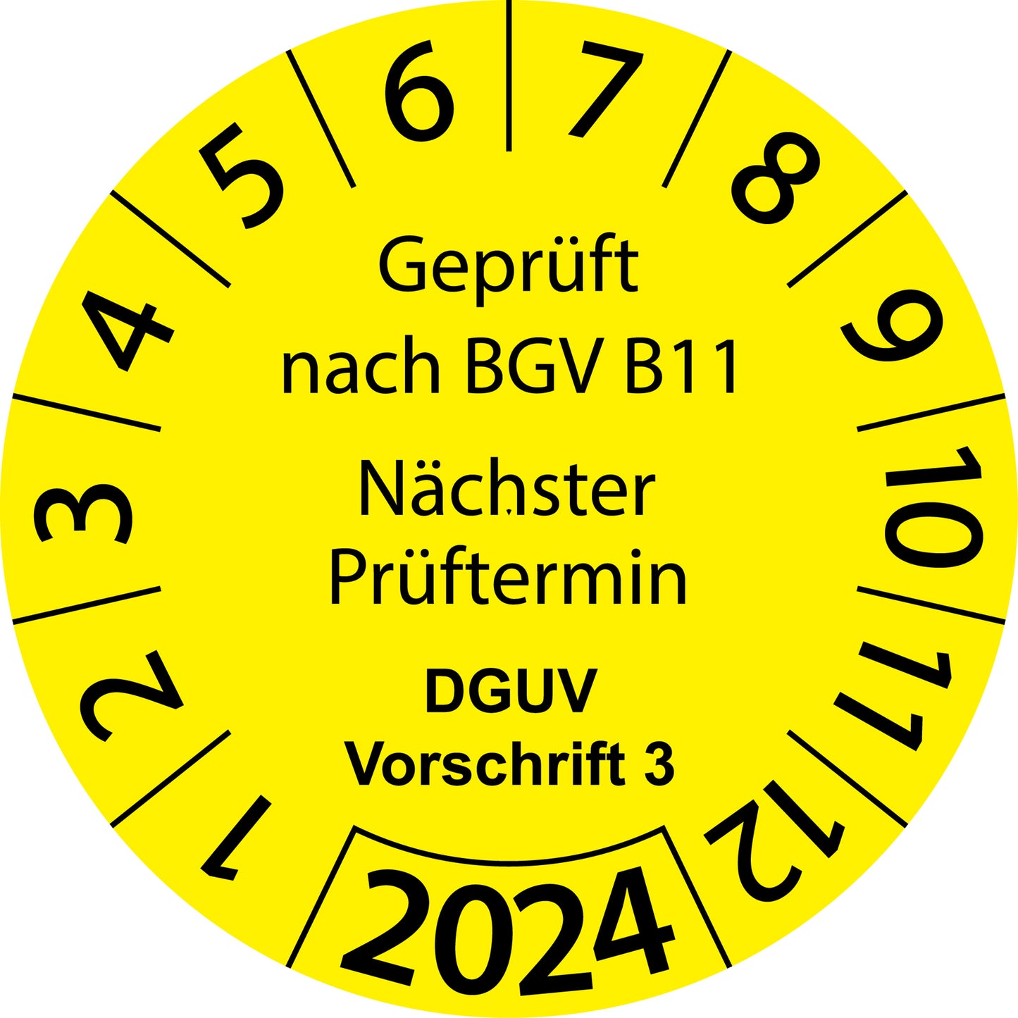 Einjahresprüfetiketten, Geprüft nach BGV B11, Nächster Prüftermin, DGUV Vorschrift 3, Startjahr: 2024 aus Papier oder Plastik