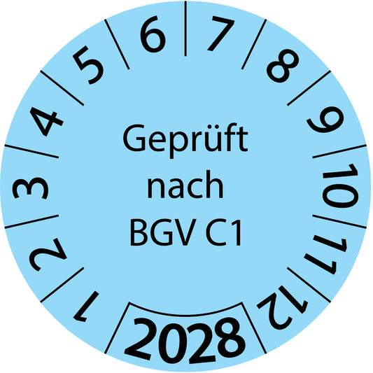 Einjahresprüfetiketten, Geprüft nach BGV C1, Startjahr: 2028 aus Papier oder Plastik