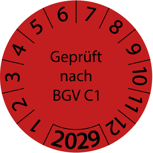 Einjahresprüfetiketten, Geprüft nach BGV C1, Startjahr: 2029 aus Papier oder Plastik