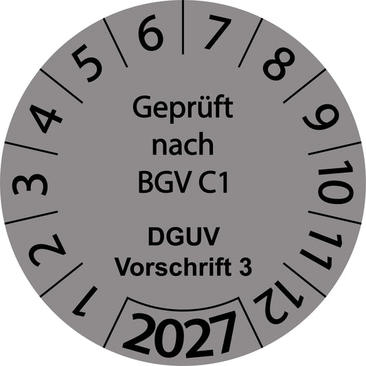 Einjahresprüfetiketten, Geprüft nach BGV C1, DGUV Vorschrift 3, Startjahr: 2027 aus Papier oder Plastik
