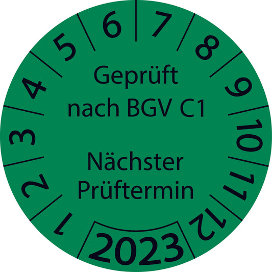 Einjahresprüfetiketten, Geprüft nach BGV C1 Nächster Prüftermin, Startjahr: 2023 aus Papier oder Plastik