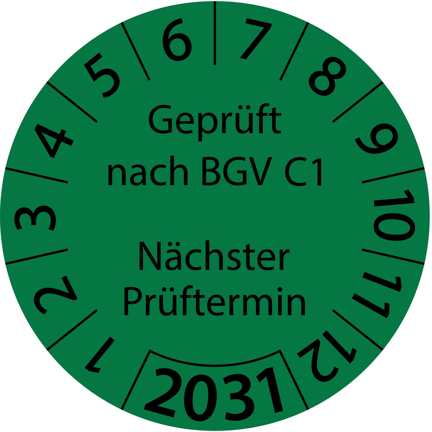 Einjahresprüfetiketten, Geprüft nach BGV C1, Nächster Prüftermin, Startjahr: 2031 aus Papier oder Plastik