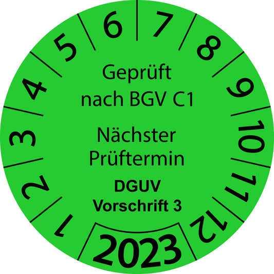 Einjahresprüfetiketten, Geprüft nach BGV C1 Nächster Prüftermin, DGUV Vorschrift 3, Startjahr: 2023 aus Papier oder Plastik