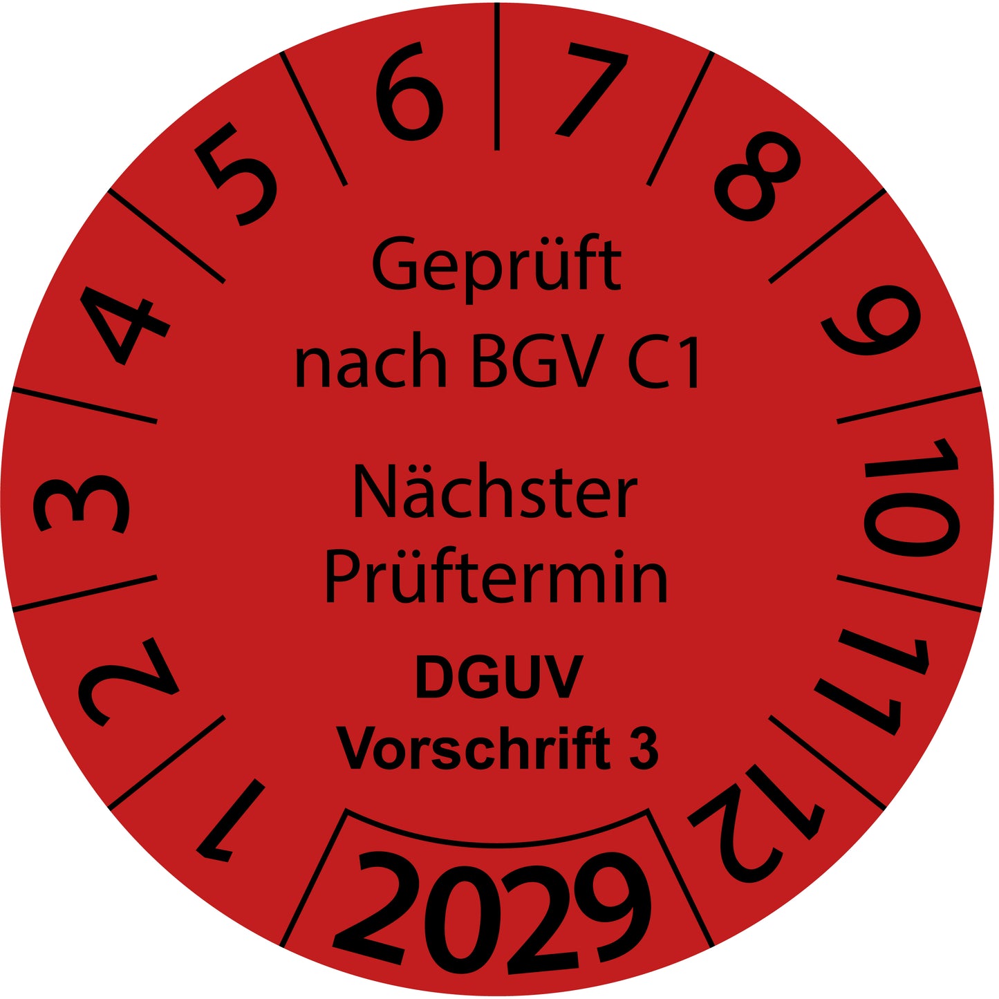 Einjahresprüfetiketten, Geprüft nach BGV C1, Nächster Prüftermin, DGUV Vorschrift 3, Startjahr: 2029 aus Papier oder Plastik