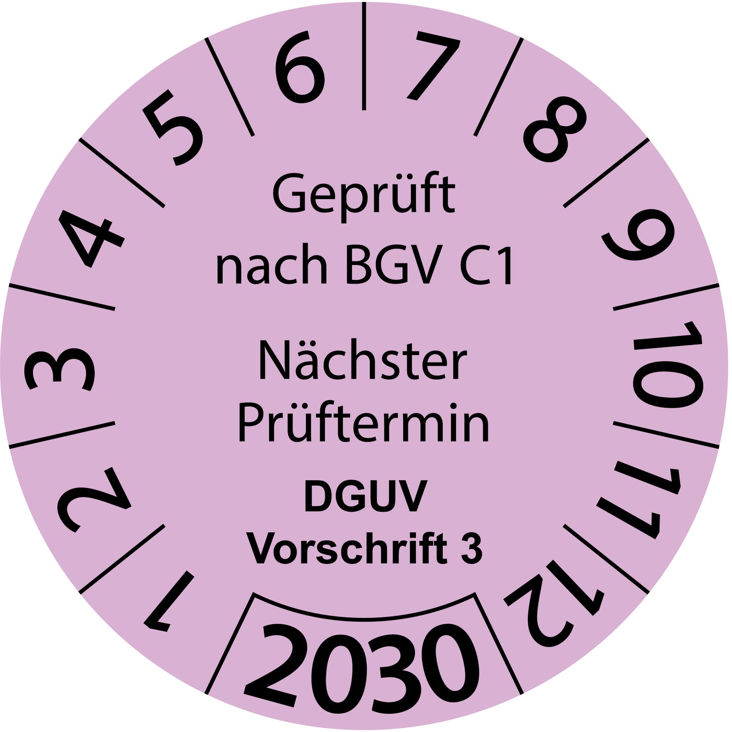 Einjahresprüfetiketten, Geprüft nach BGV C1, Nächster Prüftermin, DGUV Vorschrift 3, Startjahr: 2030 aus Papier oder Plastik