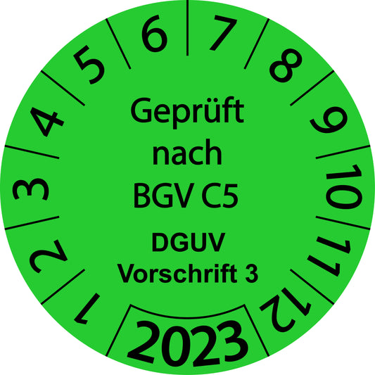 Einjahresprüfetiketten, Geprüft nach BGV C5, DGUV Vorschrift 3, Startjahr: 2023 aus Papier oder Plastik