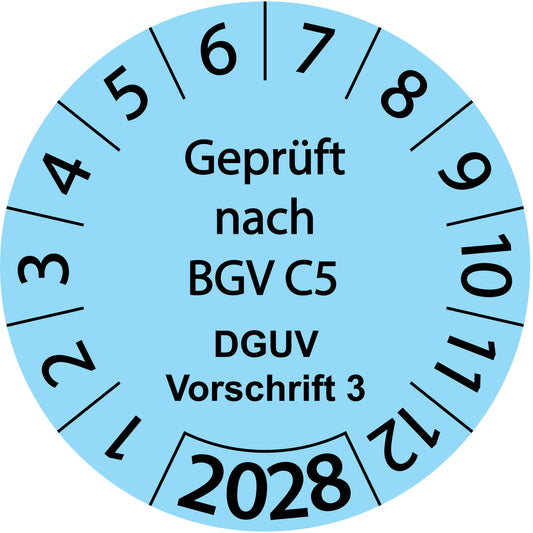 Einjahresprüfetiketten, Geprüft nach BGV C5, DGUV Vorschrift 3, Startjahr: 2028 aus Papier oder Plastik