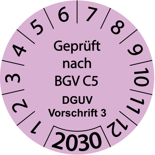 Einjahresprüfetiketten, Geprüft nach BGV C5, DGUV Vorschrift 3, Startjahr: 2030 aus Papier oder Plastik