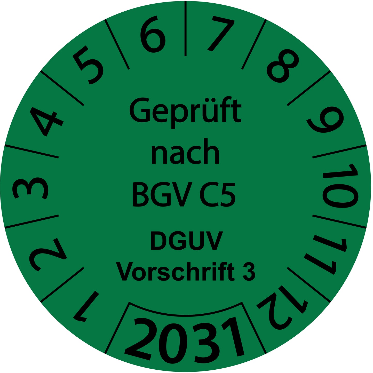 Einjahresprüfetiketten, Geprüft nach BGV C5, DGUV Vorschrift 3, Startjahr: 2031 aus Papier oder Plastik