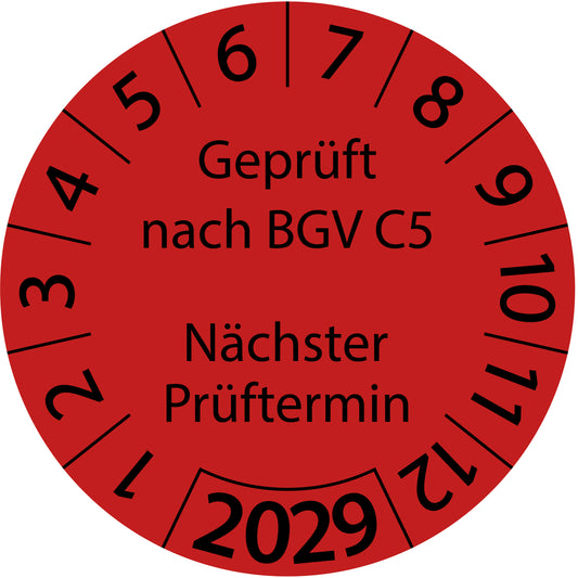 Einjahresprüfetiketten, Geprüft nach BGV C5, Nächster Prüftermin, Startjahr: 2029 aus Papier oder Plastik