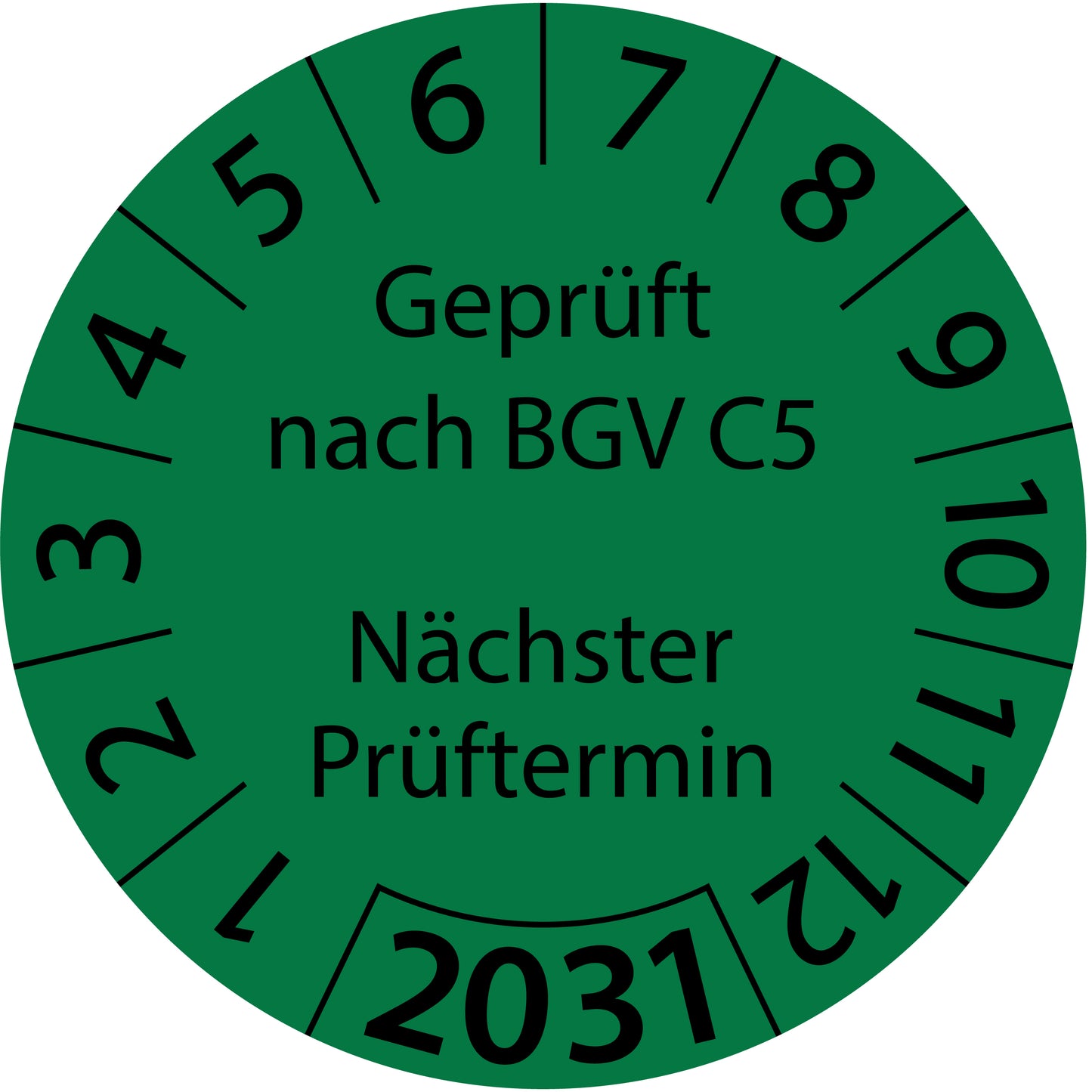 Einjahresprüfetiketten, Geprüft nach BGV C5, Nächster Prüftermin, Startjahr: 2031 aus Papier oder Plastik