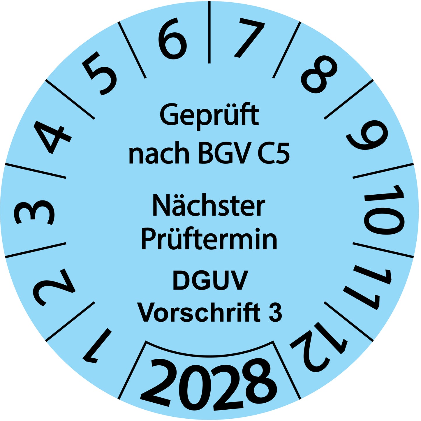 Einjahresprüfetiketten, Geprüft nach BGV C5, Nächster Prüftermin, DGUV Vorschrift 3, Startjahr: 2028 aus Papier oder Plastik