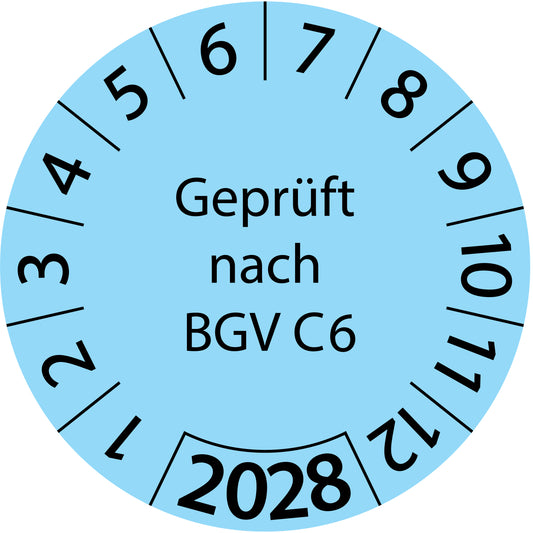 Einjahresprüfetiketten, Geprüft nach BGV C6, Startjahr: 2028 aus Papier oder Plastik