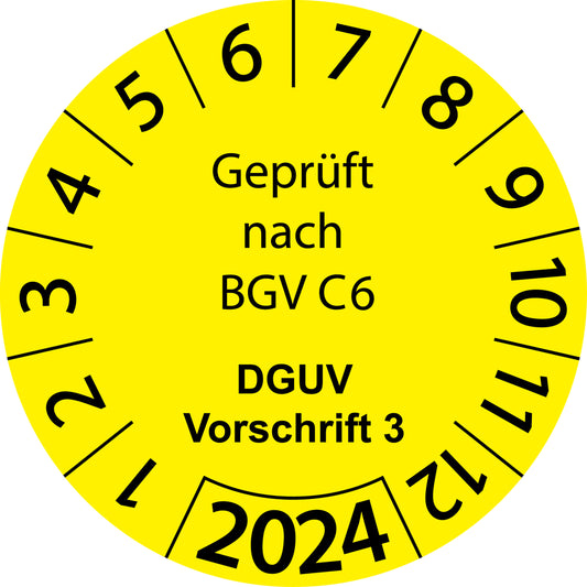 Einjahresprüfetiketten, Geprüft nach BGV C6, DGUV Vorschrift 3, Startjahr: 2024 aus Papier oder Plastik