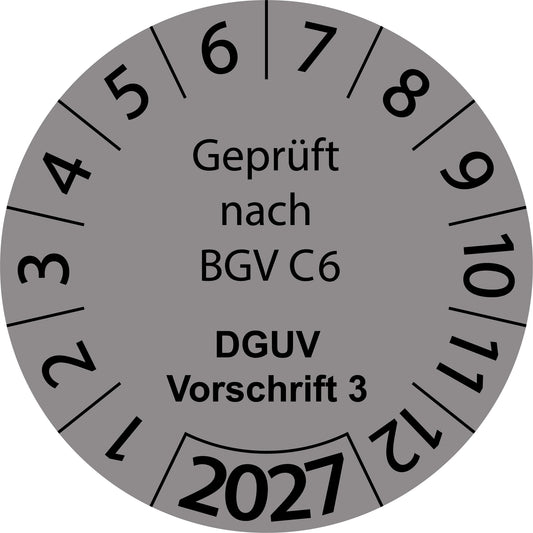 Einjahresprüfetiketten, Geprüft nach BGV C6, DGUV Vorschrift 3, Startjahr: 2027 aus Papier oder Plastik