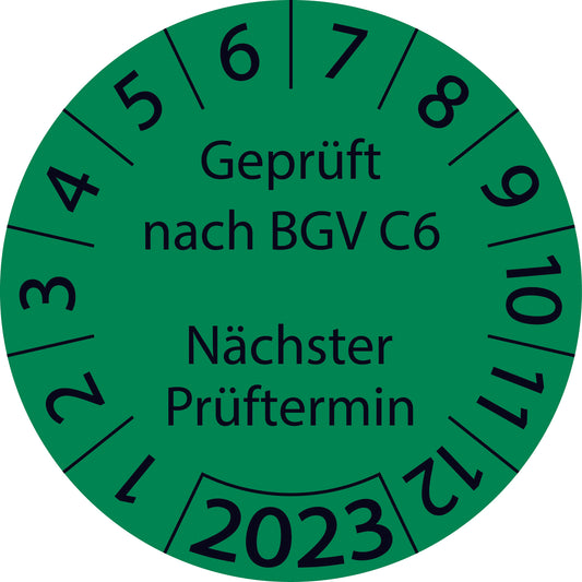 Einjahresprüfetiketten, Geprüft nach BGV C6 Nächster Prüftermin, Startjahr: 2023 aus Papier oder Plastik