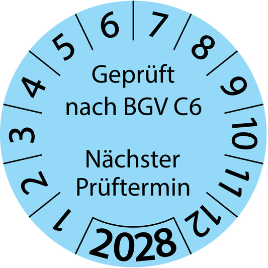 Einjahresprüfetiketten, Geprüft nach BGV C6, Nächster Prüftermin, Startjahr: 2028 aus Papier oder Plastik