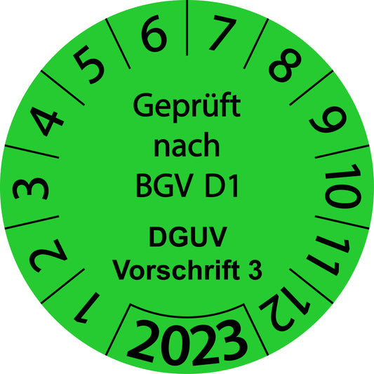 Einjahresprüfetiketten, Geprüft nach BGV D1, DGUV Vorschrift 3, Startjahr: 2023 aus Papier oder Plastik