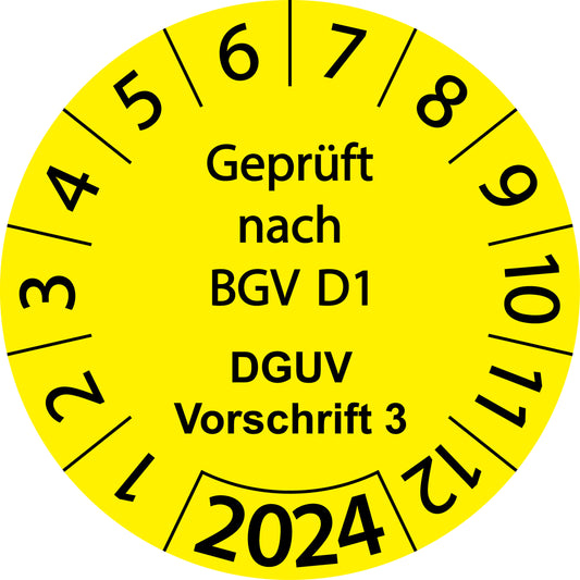 Einjahresprüfetiketten, Geprüft nach BGV D1, DGUV Vorschrift 3, Startjahr: 2024 aus Papier oder Plastik