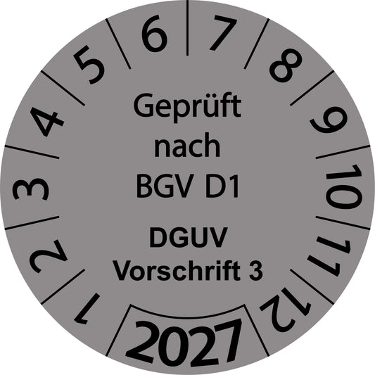Einjahresprüfetiketten, Geprüft nach BGV D1, DGUV Vorschrift 3, Startjahr: 2027 aus Papier oder Plastik