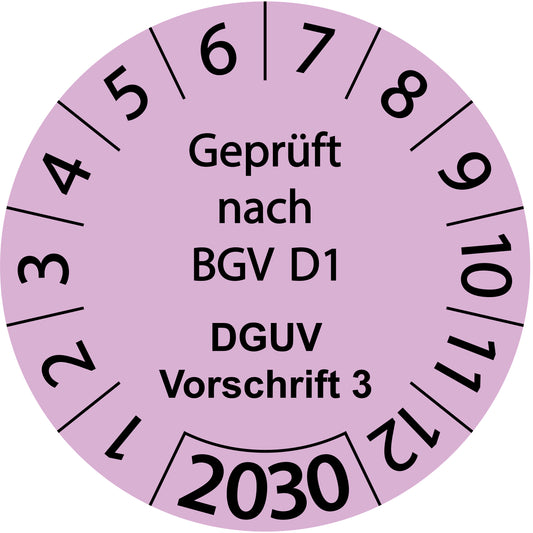 Einjahresprüfetiketten, Geprüft nach BGV D1, DGUV Vorschrift 3, Startjahr: 2030 aus Papier oder Plastik