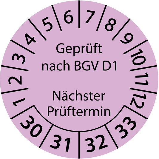 Mehrjahresprüfetiketten, Geprüft nach BGV D1, Nächster Prüftermin, Startjahr: 2030 aus Papier oder Plastik