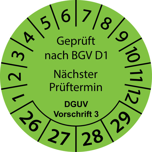 Mehrjahresprüfetiketten, Geprüft nach BGV D1, Nächster Prüftermin, DGUV Vorschrift 3, Startjahr: 2026 aus Papier oder Plastik