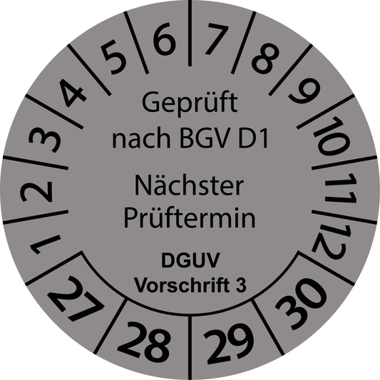 Mehrjahresprüfetiketten, Geprüft nach BGV D1, Nächster Prüftermin, DGUV Vorschrift 3, Startjahr: 2027 aus Papier oder Plastik