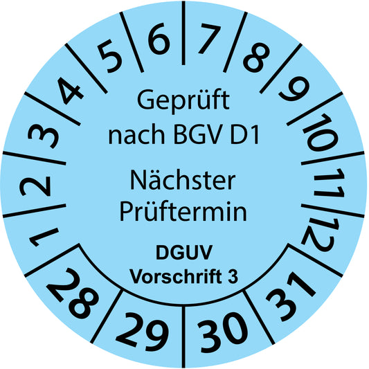 Mehrjahresprüfetiketten, Geprüft nach BGV D1, Nächster Prüftermin, DGUV Vorschrift 3, Startjahr: 2028 aus Papier oder Plastik