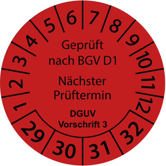 Mehrjahresprüfetiketten, Geprüft nach BGV D1, Nächster Prüftermin, DGUV Vorschrift 3, Startjahr: 2029 aus Papier oder Plastik