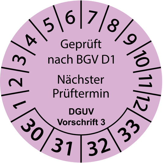 Mehrjahresprüfetiketten, Geprüft nach BGV D1, Nächster Prüftermin, DGUV Vorschrift 3, Startjahr: 2030 aus Papier oder Plastik