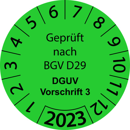 Einjahresprüfetiketten, Geprüft nach BGV D29, DGUV Vorschrift 3, Startjahr: 2023 aus Papier oder Plastik