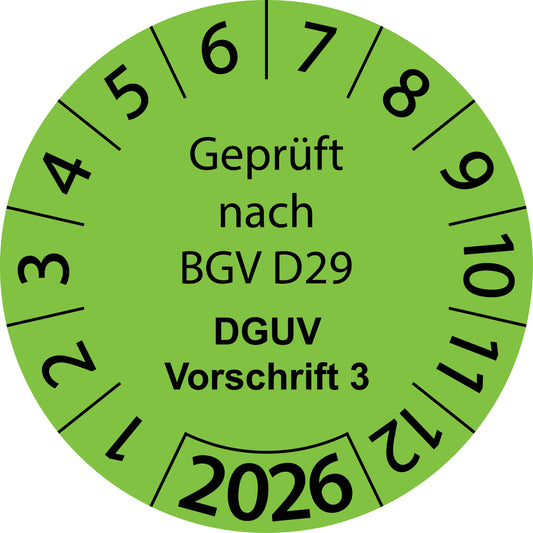 Einjahresprüfetiketten, Geprüft nach BGV D29, DGUV Vorschrift 3, Startjahr: 2026 aus Papier oder Plastik