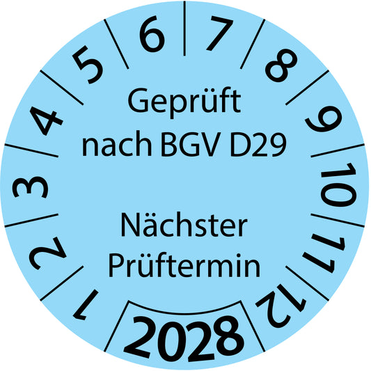 Einjahresprüfetiketten, Geprüft nach BGV D29, Nächster Prüftermin, Startjahr: 2028 aus Papier oder Plastik