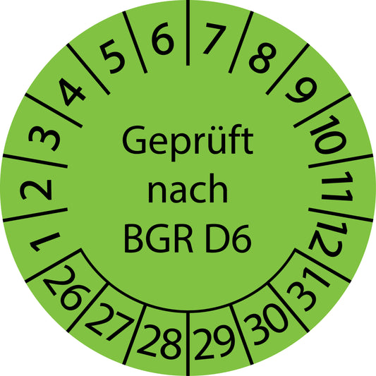 Mehrjahresprüfetiketten, Geprüft nach BGR D6, Startjahr: 2026 aus Papier oder Plastik