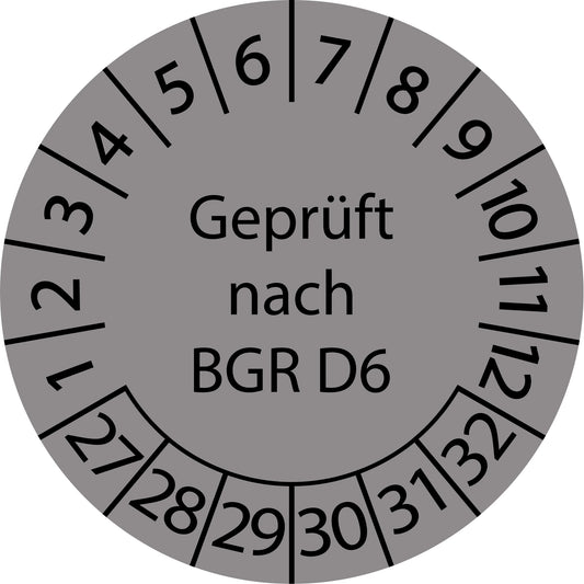 Mehrjahresprüfetiketten, Geprüft nach BGR D6, Startjahr: 2027 aus Papier oder Plastik